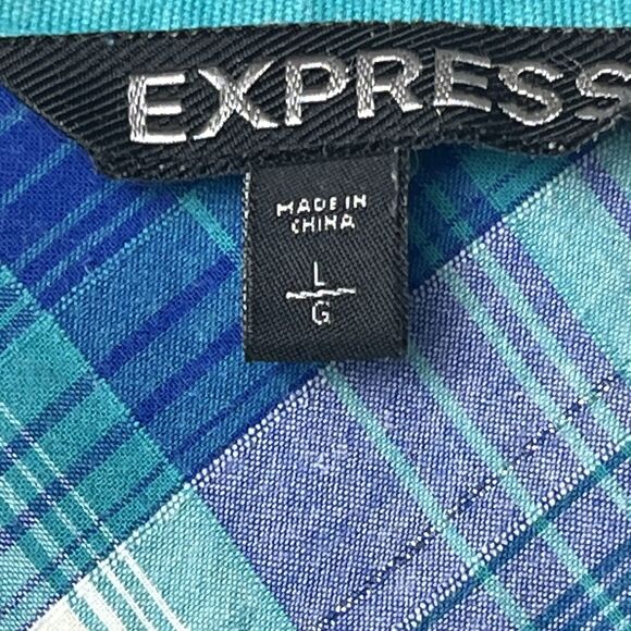 Express Top Long Sleeve Button Up Shirt Plaid Green Purple Sparkle Large Western - Picture 4 of 5